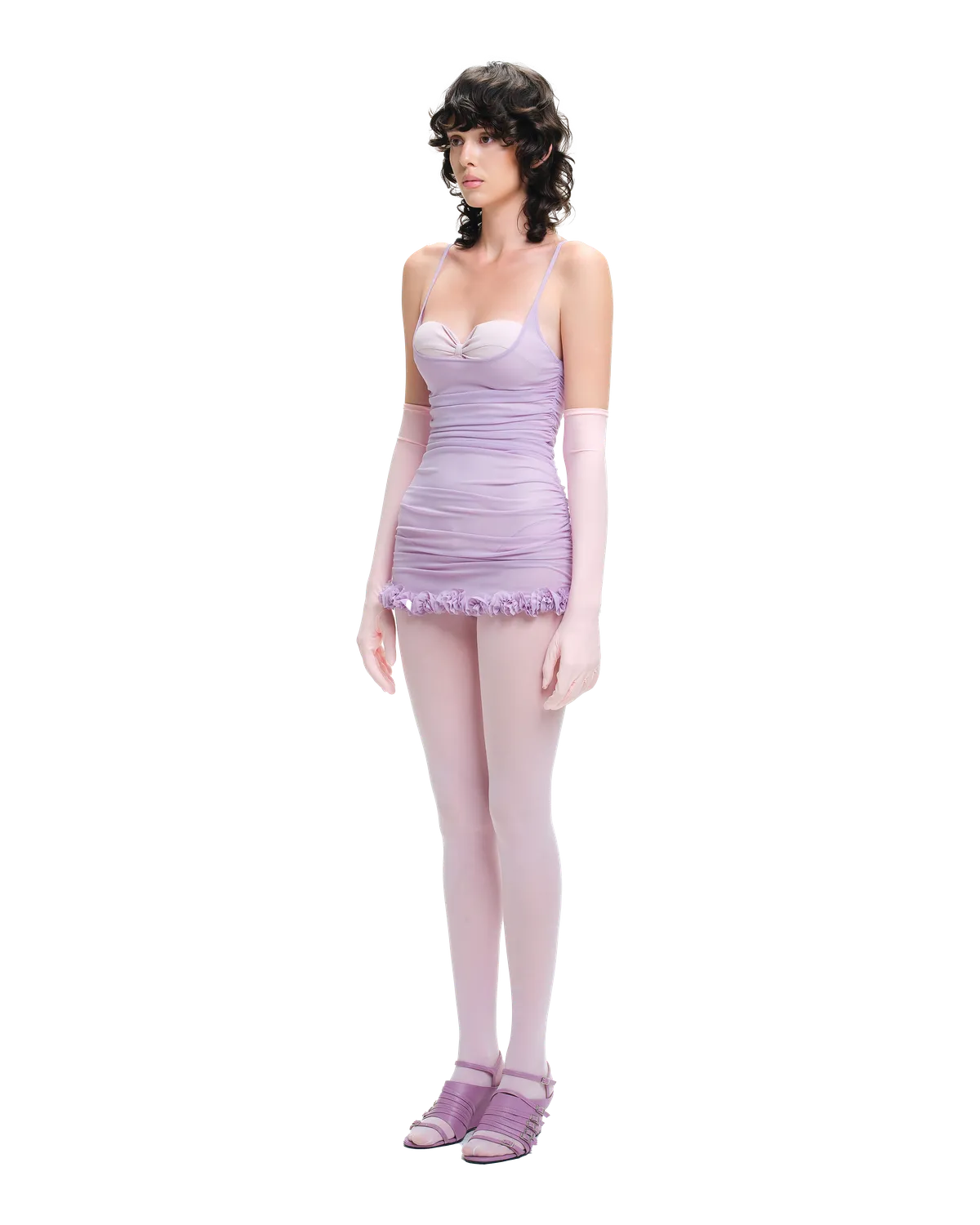 Lora Ruched Sheer Jersey & Stretch Jersey - Bodycon Mini Dress - Soft Lavender - hover