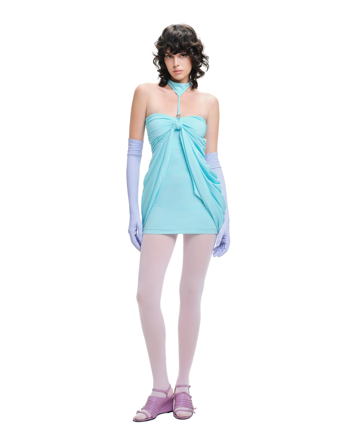 Duck-Neck Draped Knot - 4-Way Stretch Mini Dress - Tiffany Blue